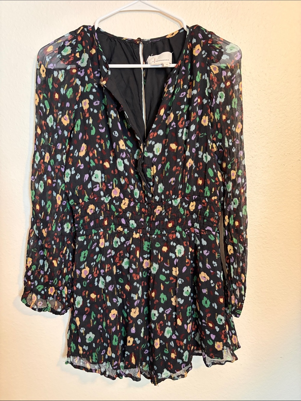 Anthropologie XS Floral Print Long-Sleeve V-Neck Romper - Black/Multi